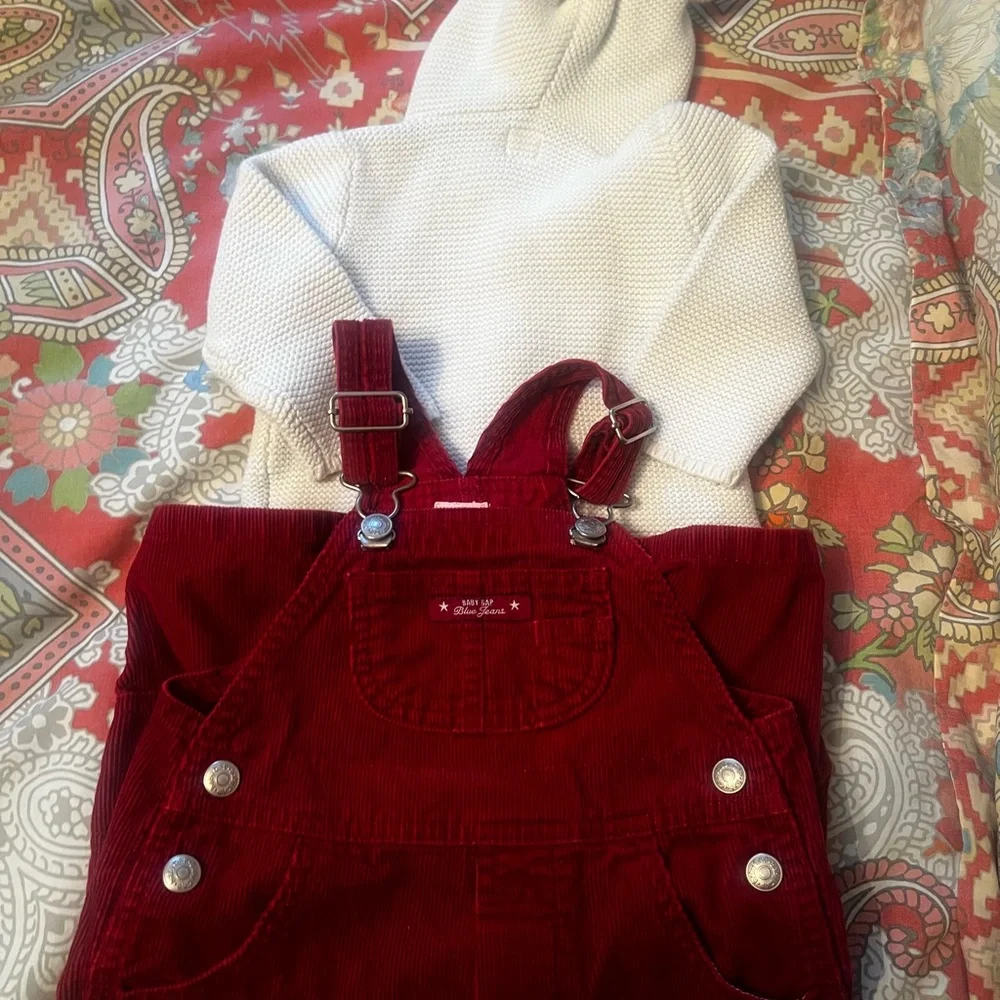 Hooded Cardigan Sweater Unicorn and Red overalls 6-12 month Gap  Perfect Fall